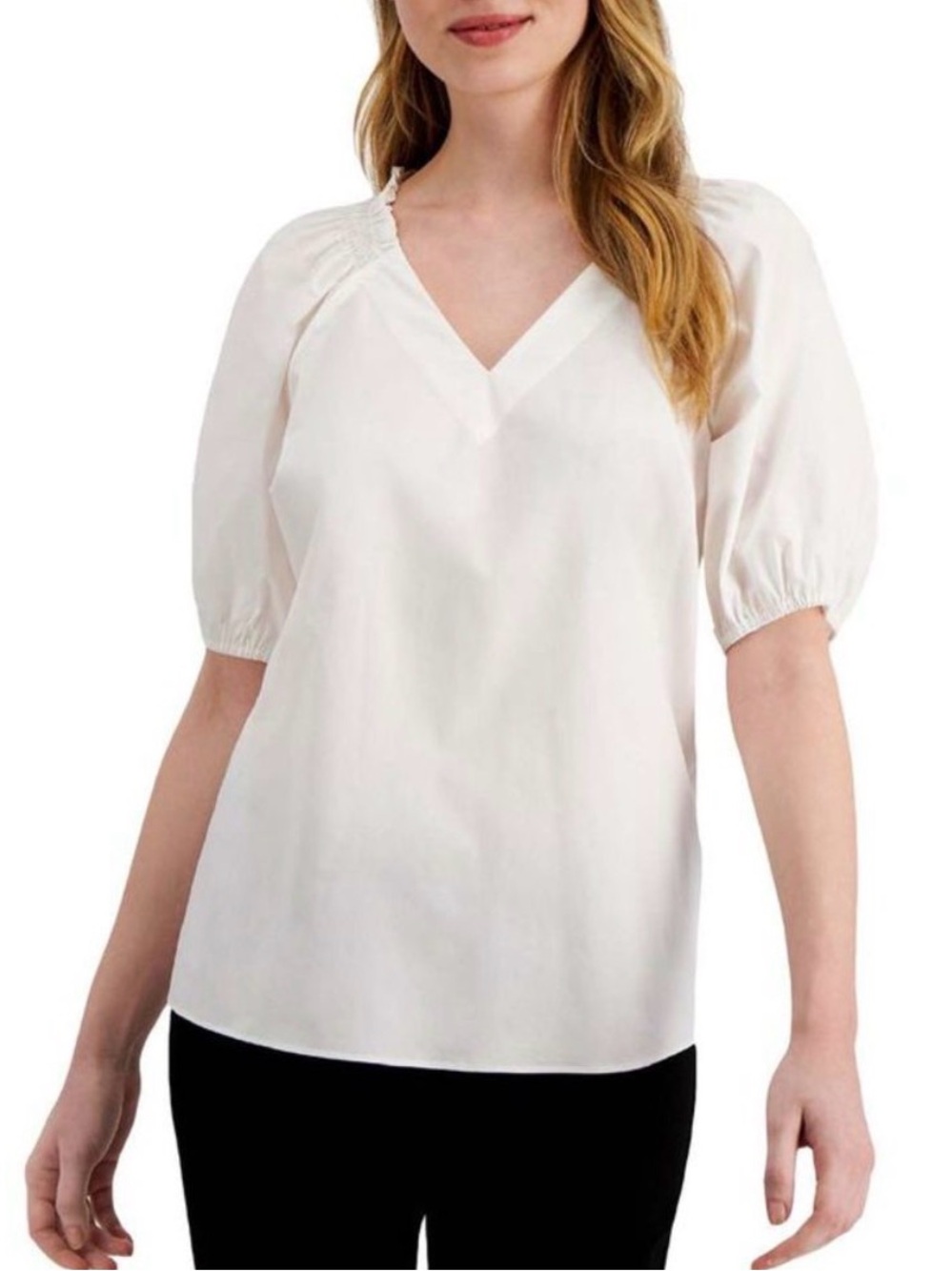 Alfani Airy Cotton V-Neck Smocked Blouse Small White Cottage Farm Spring Summer